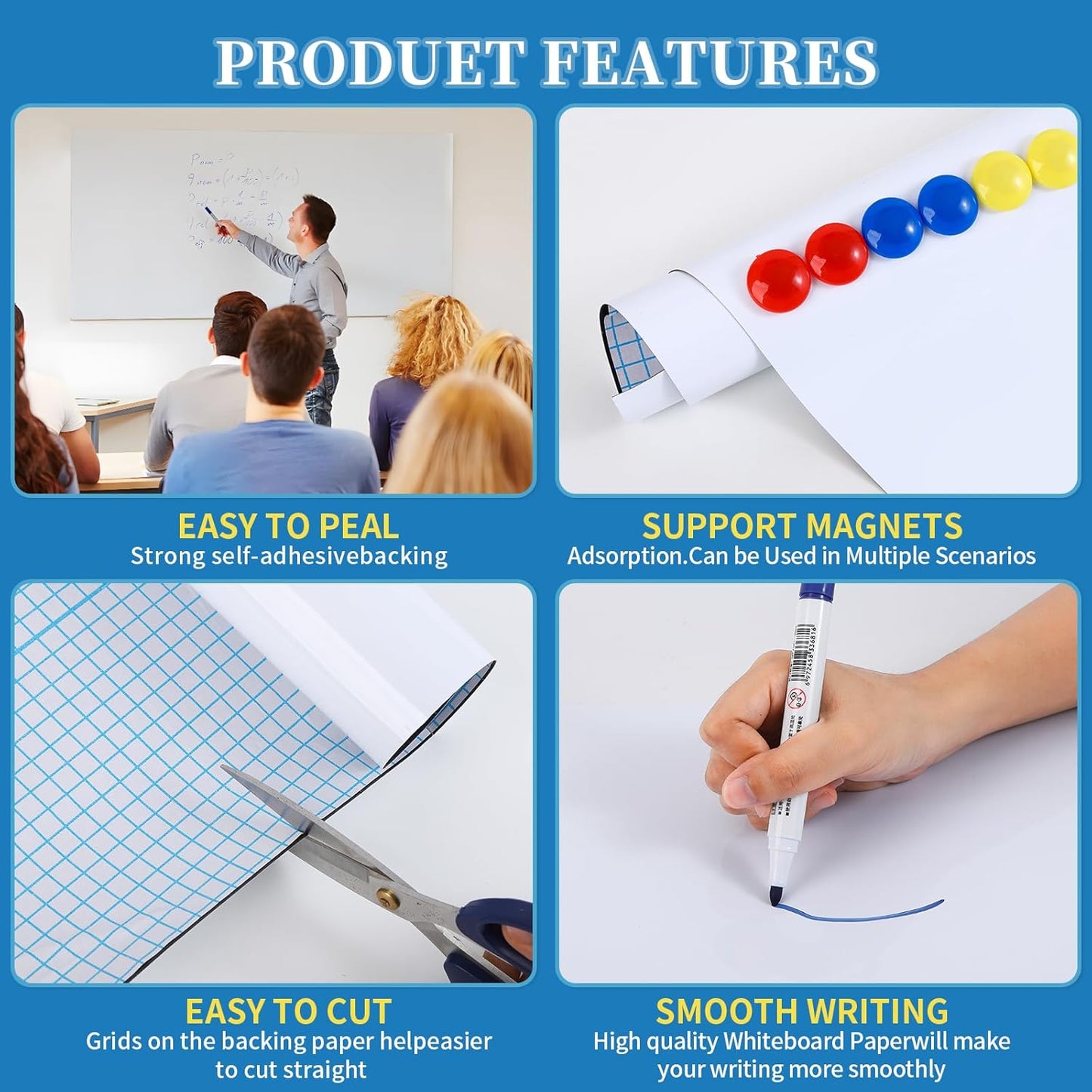Magnetic Dry Erase Whiteboard 78"x40"- Self-Adhesive Flexible Wall Board Kit with 11 Markers, 6 Magnets, Magnetic Eraser & Holder - Ultra Smooth Writing,Effortless Clean for Office, Home, School