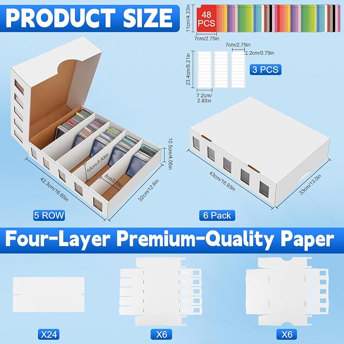 6 Pack Trading Card Storage Box, 22200+ Count Card Storage Box with 48 Card Divider White Sports Storage Card Box Organizer Bulk Card Cases Cardboard Card Box for Basketball Football Cards Collection