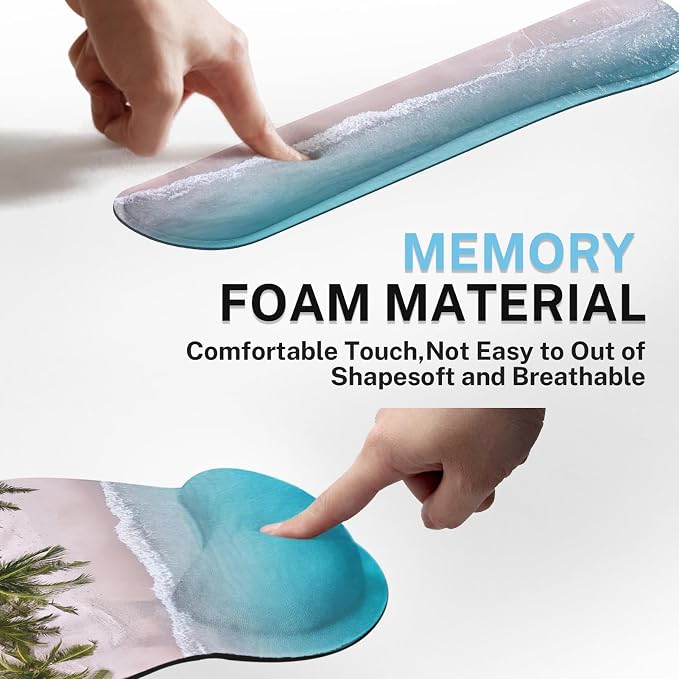 Ergonomic Mouse Pad Set with Wrist Rest, Ocean Blue | Summer Beach Non-Slip Rubber Base Wrist Cushion Support and Coasters Mousepad with Wrist Support for Computer Keyboard
