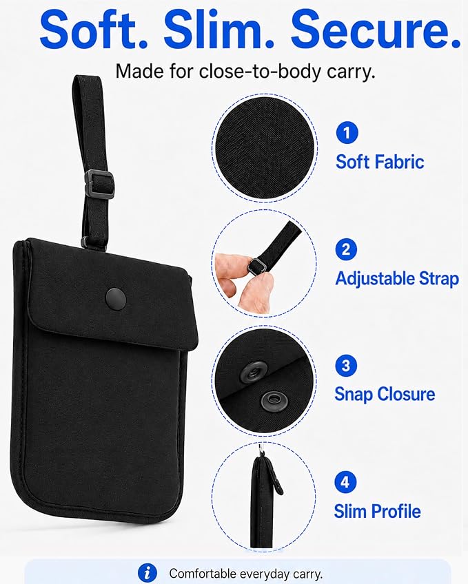 RFID-Blocking Travel Bra Wallet, Hidden Money Pouch with Elastic Strap | Ideal Secret Pocket to Protect Your Passport, Credit Cards, Cash and Valuables Under-Clothes, Black, Bamneat