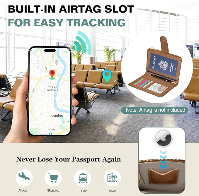 RFID Passport Holder for Travel, Leather Passport Wallet Cover with Airtag | with Airtag Slot, Card Cash Holders, Zippered Coins Pocket, for Women/Men, Gift Box, Travel Essentials, 4.1"L x 1"W x 6.3"H