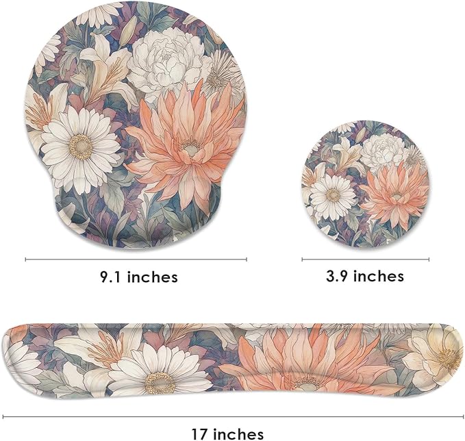 Ergonomic Mouse Pad Set with Wrist Rest, Daisy Floral Vintage | Cottagecore Non-Slip Rubber Base Wrist Cushion Support and Coasters Mousepad with Wrist Support for Computer Keyboard
