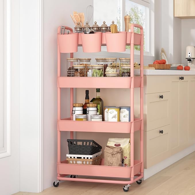 4-Tier Plastic Rolling Storage Cart Utility Cart with Extra Hanging Cups Handles Lockable Wheels for Living Room Bathroom Kitchen Office Pink | Utility Cart with Extra Hanging Cups Arc-Shaped Handles Lockable Wheels for Living Room Bathroom Kitchen Office