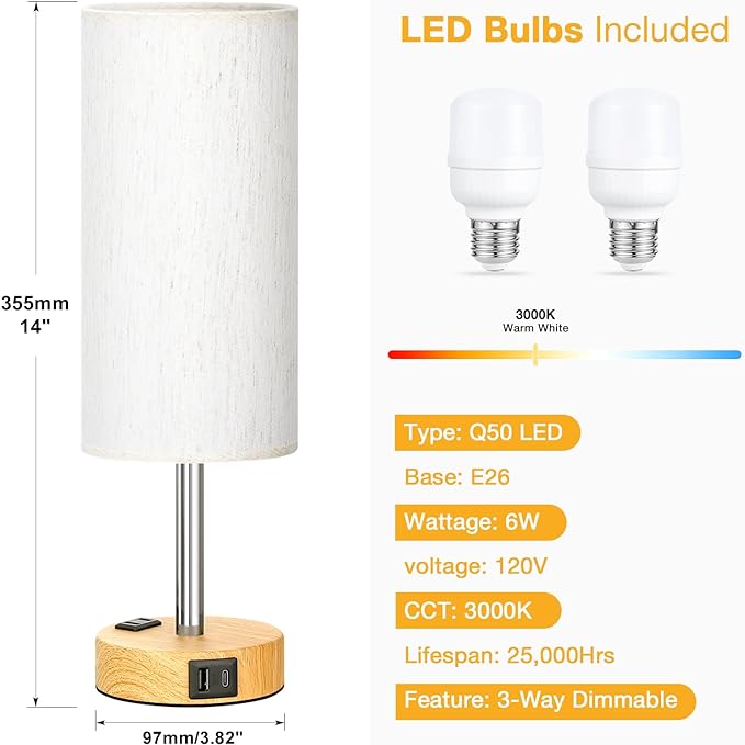 Touch Bedside Table Lamps Set of 2 - Bedroom Lamp with USB A+C, AC Outlet | 3-Way Dimmable, LED Bulb Included, Linen-Texture Fabric Lampshade, Wood-Grain Metal Base, 14" Small Nightstand Lamp for Dorm
