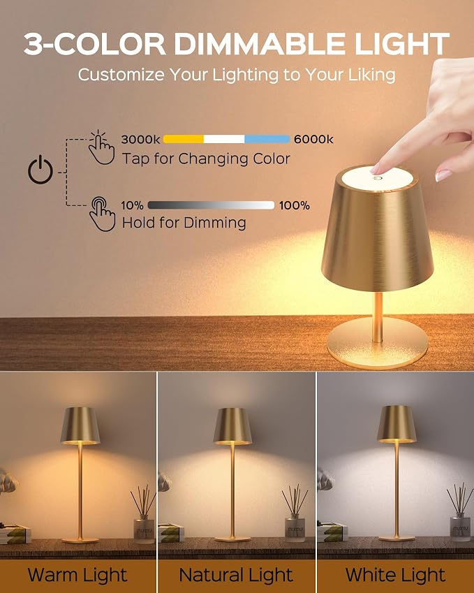JACKYLED Cordless Table Lamps Rechargeable, 3 Adjustable Height, 5000 Capactiy Operated, 3 Colors Smooth Dimming, Portable LE