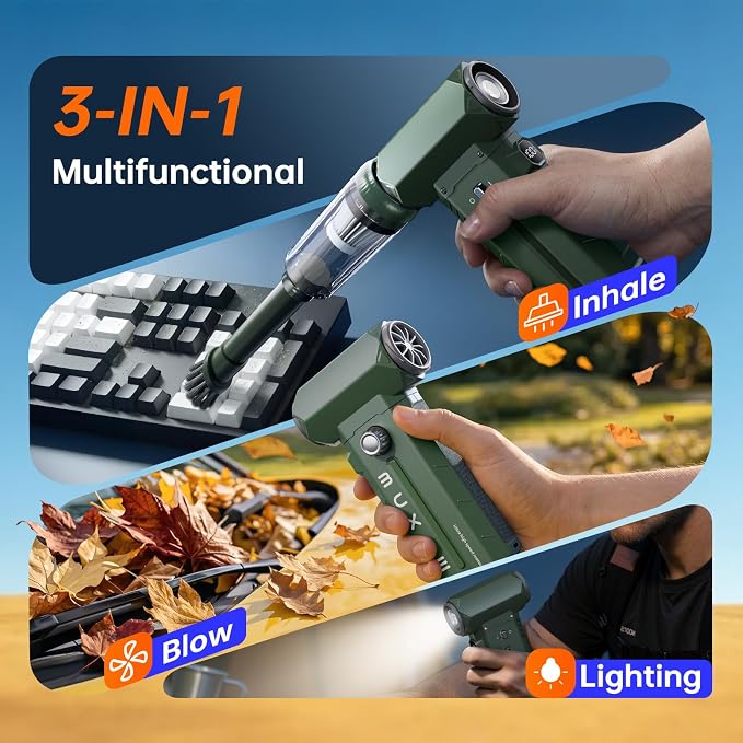 MUXNW Electric Air Duster & Vacuum 2-in-1, 130000RPM Cordless Rechargeable Compressed Air Duster with 100-Speed Display, 8000mAh Battery, USB-C Fast Charging for PC, Home, Car Interior (Green)