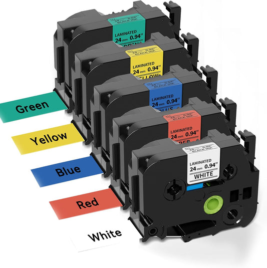 Compatible with P Touch TZe TZ 24mm 0.94'' Laminated Tape Compatible for Brother Label Maker Tape 1 inch PT-D600, PT-D610BT, PTP750W, PT-P710BT, Black on White/Yellow/Red/Green/Blue, 5-Pack