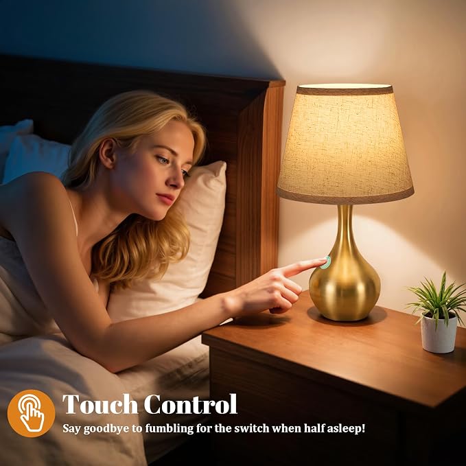 16.1" Touch Table Lamp for Nightstand, 3 Way Dimmable Small Bedroom Lamp | Touch Control, Bulb Included, Gold Bedside Lamps for Desk, Night Stands, Living Room, End Table, Corded