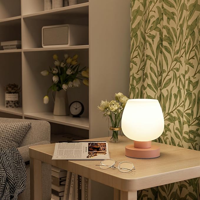 Seealle Pink Touch Table Lamp for Nightstand - Small Bedside Lamp for Bedroom Living Room Night Stands, Desk Lamp with White Glass Shade for Small Spaces, 3 Way Dimmable, LED Bulbs