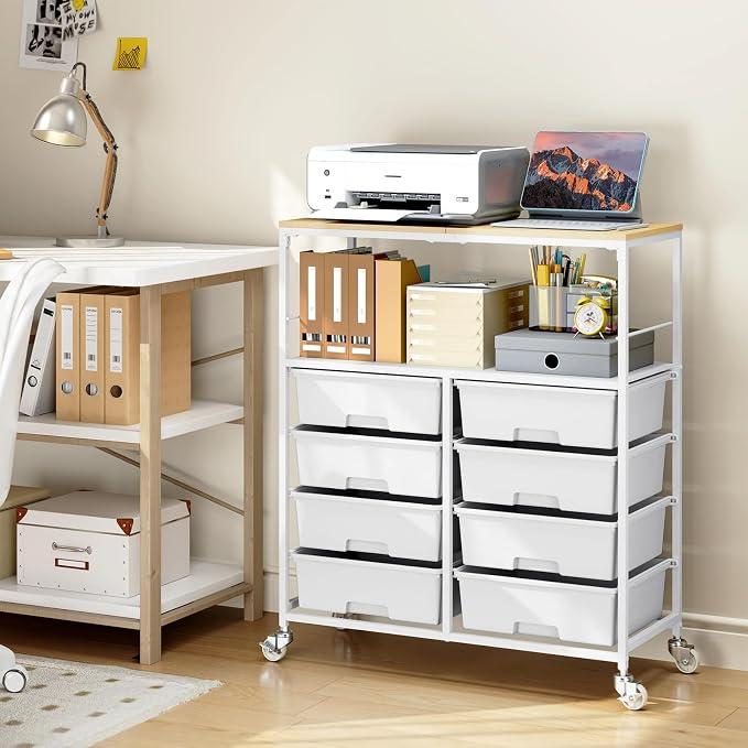 Rolling Storage Cart with 8 Large Drawers, Wooden Tabletop | Open Storage Shelves, Mobile Craft Organizer with Lockable Wheels for Home, Classroom, Office Supplies & Art Studio,White
