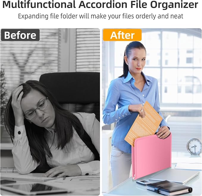 Fireproof Accordion File Organizer, Expanding File Folder with 13 Pockets | Portable Document Organizer with Waterproof Zipper & Labels, File Organizer for Important Document/Paper Storage, Pink