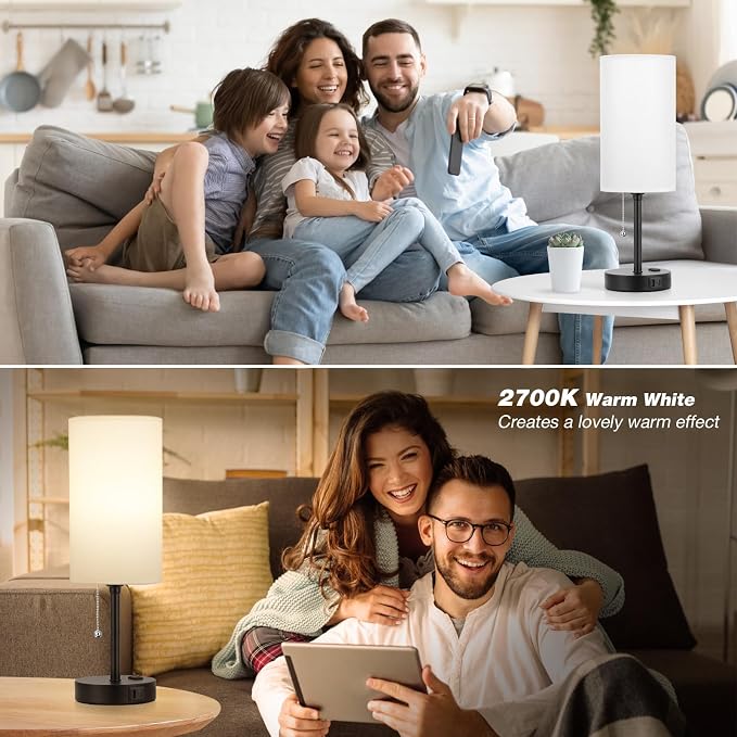17" Bedside Lamp for Bedroom - USB A+C Port, AC Outlet,3 Color Temperature | 17" Night Stand Lamp, USB A+C Ports, AC Outlet, 3 Color Temperatures, LED Bulb Included, White Fabric Shade, Matte Black Base