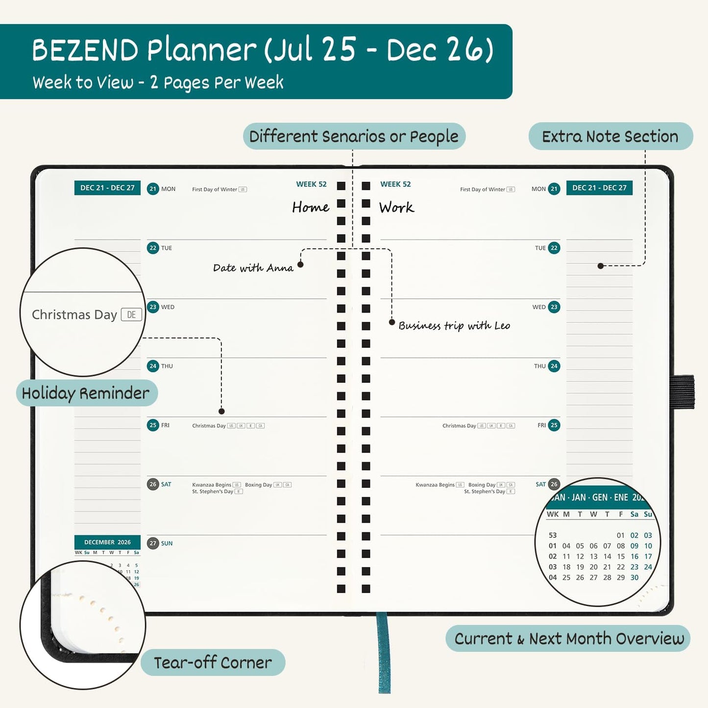 BEZEND Weekly Planner 2025-2026 with 2 Columns, 5.8" x 8.5" Academic Calendar 18 Months (Jul 25-Dec 26) Life Work Appointment Book with Monthly Tab, PU Leather Softcover Spiral - Evergreen
