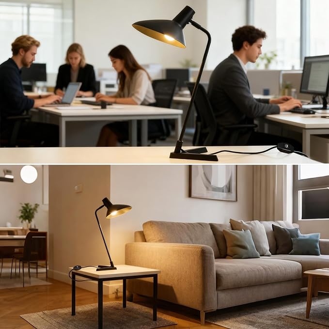 Industrial Desk Lamp Metal Modern Table Lamp 22", Adjustable Neck (4000K) with Adjustable Switch, Ideal for Office Desk Bedroom Bedside Lamps Study Room Living Room Side Table (Sand Black)