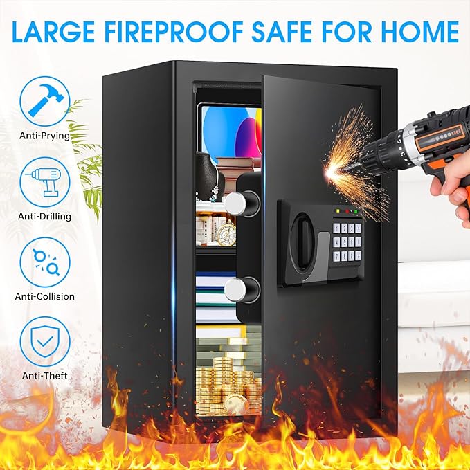 3.3 Cuft Large Fireproof Safe for Home, Home Safety Box Fireproof Waterproof with Electronic Keypad and Spare Keys, Anti-theft Digital Security Safe for Money Firearm Medicine Valuables