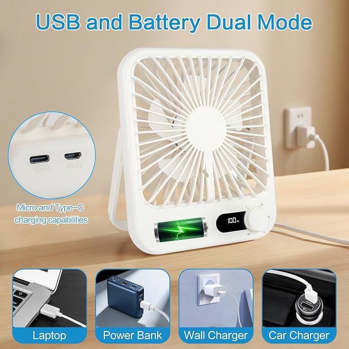 QLKUNLA 100-Speed Ultra-Quiet Desk Fan for Sleeping, 6.8" Rechargeable Portable Fan with LED Display, 180° Adjustable Head & Tripod Base - Battery/USB Powered Mini Fan for Office, Cruise, Travel