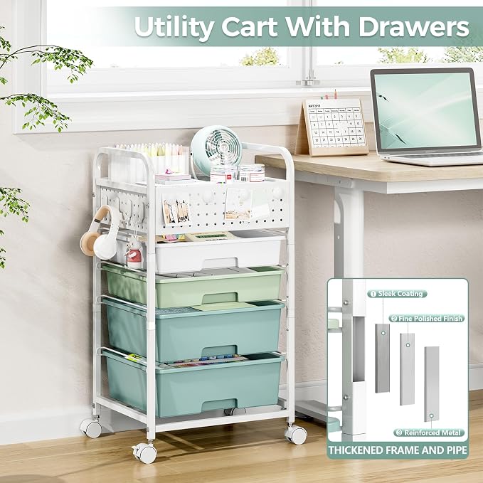 4 Drawer Rolling Storage Cart with Pegboard Top and Hooks, Gradient Green | Mobile Organizer Cart with Wheels for Office Supplies, Craft Storage, Classroom Organization, Home Utility Cart