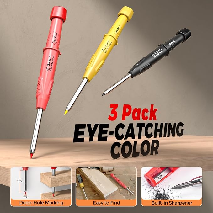 Nicpro 36PCS CP3000 Mechanical Carpenter Pencil Set with Sharpener & Sheath | 85 Refills, 6PCS Long Nib Marker, Center Punch, Carbide Scribe Tool, Heavy Duty Construction Pencil for Architect Woodworking