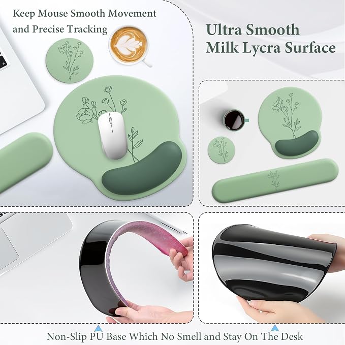3 in 1 Ergonomic Mouse Pad and Keyboard Wrist Rest with Coaster Set-Green | Cute Large Mousepad with Gel Wrist Support for Gaming Computer Laptop Women Office Home Desk Decor
