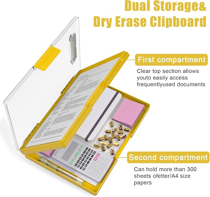 Hongri Clipboard with Storage, Yellow 8.5 x 11 Clip Board, Dual Compartmen | Folder Nursing Side Opening, Heavy Duty Organization Box, Smooth Writing for Teachers, Classroom, Size 13.3 x 9.4 x 1.5 in