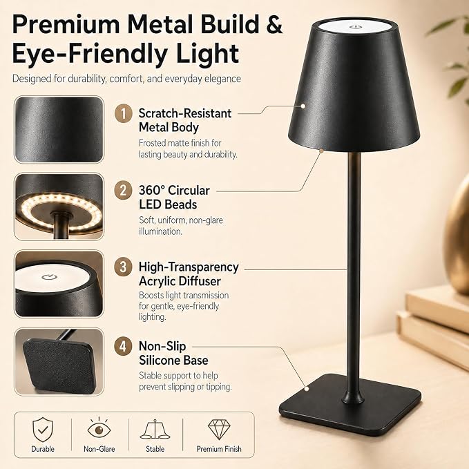 Cordless Table Lamp 2 Pack, Rechargeable LED Ambient Lamp with Up to 54H Runtime, Portable Minimalist Lighting for Bedroom, Restaurant, Bedside & Dining Table, Stepless Dimming (2, Black)