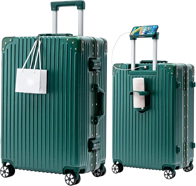 22-Inch Aluminum Frame Hardside Checked Luggage, Emerald Green | Zipperless PC suitcase, short trip essentials, dual TSA locks, cup holder, USB port, phone stand, bag hook, spinner wheels