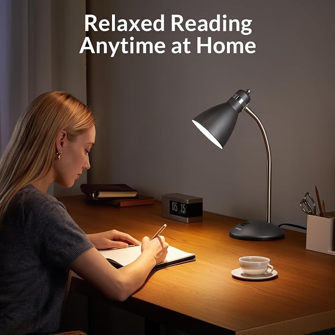 LEPOWER Metal Desk Lamp, Adjustable GooseNeck Reading Light for Bedroom | Compact & Sturdy, Space-Saving for Bedside & Dorm, E26 Table Lamp, Eye-Caring, Ideal for Study, Office, Back to School