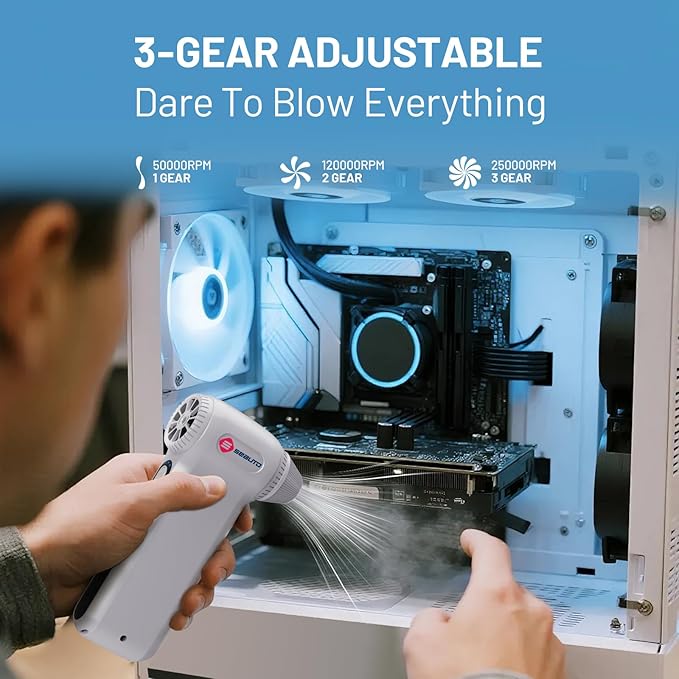 Compressed Air Duster, Ergonomic Design 250,000 RPM Compressed Canned Air Alternative, 3-Gear Powerful Blower for Computer Keyboard, PC Cleaning,Appliance,Car,Home and Outdoor