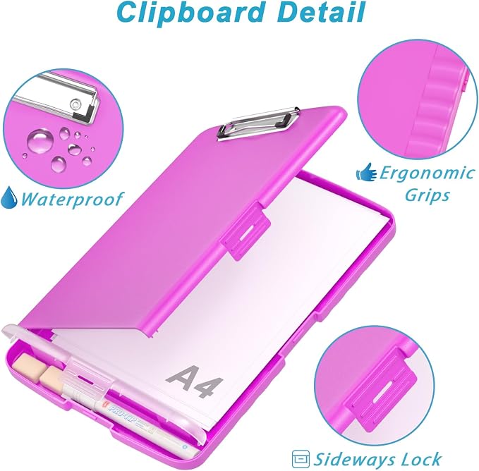 Rimilak Clipboard with Storage, 8.5 x 11 High Capacity Clip Board, Magenta | Smooth Writing, Side-Opening Plastic Folder with Pen Holder, Size 14.2 x 9.6 x 1.2″ ,for Classroom, Teacher, Student