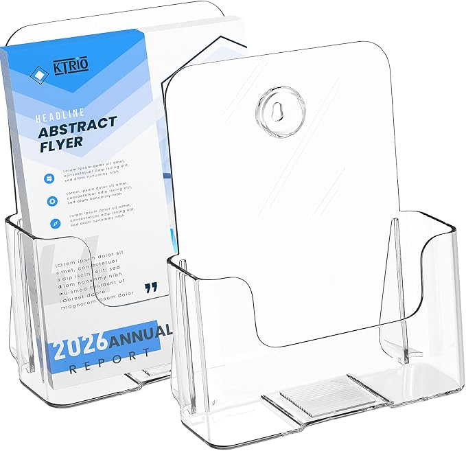 KTRIO Acrylic Brochure Holder 6 x 8, 2 Pack Bi-fold Flyer Display Stand | Desktop/Wall-Mount, Clear Plastic Stand Fits 6" Wide Magazines, Pamphlets, Booklets, Journals, Menus, Business Papers
