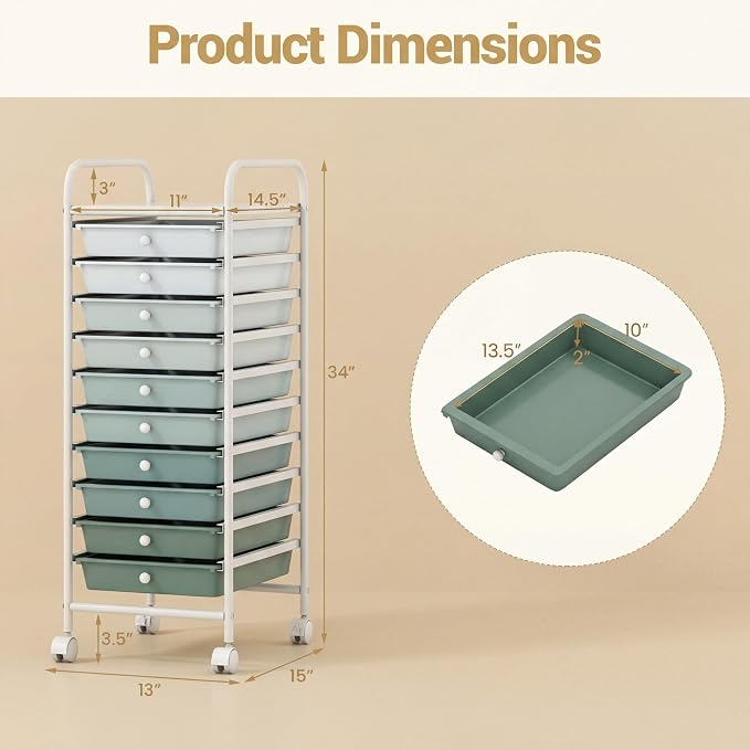 COSTWAY 10-Drawer Rolling Storage Cart, Utility Mobile Trolley | Removable Drawers & Universal Casters & 2 Brakes, Versatile Flexible Drawer Organizer Cart for Home, Office (Green Gradient)