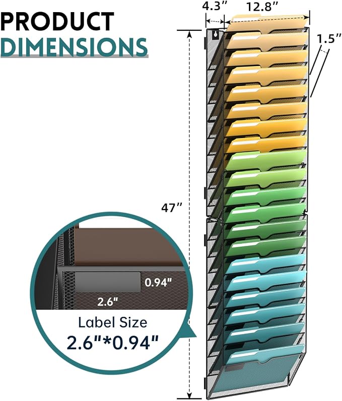 20 Tier Wall File Organizer, Hanging Wall Mounted Mail Organizer with Label Slots, Metal Mesh File Holder Magazine Rack for Office, Home, School or Classroom, Black