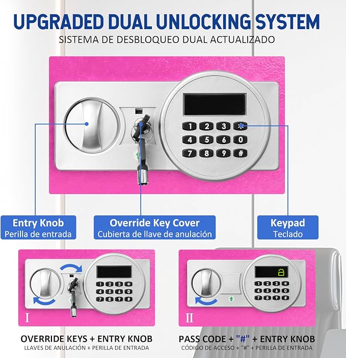 Voncabay Money Safe Box for Home with Digital Keypad, 0.8 Cu. Ft., Pink | Alloy Steel, 2 Fireproof Bags, Digital Keypad with Display, Removable Shelf, Fits A4, 13.8 x 9.85 x 9.85 In.