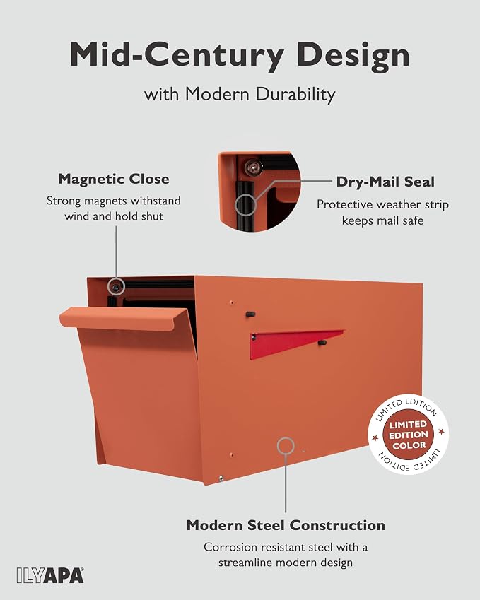 Ilyapa Modern Mailbox for Outside Post Mount - Terracotta Heavy Duty Powder Coated Metal Mailbox, Waterproof Letter Box for Parcels