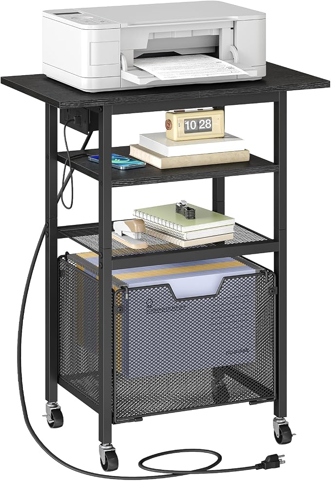 HOOBRO Printer Stand with Hanging File Drawer, Rolling Printer Cart on Wheels, Mobile Filing Cabinet Storage Shelf, Home Office Desk Side Organizer, Black BB17UPS01