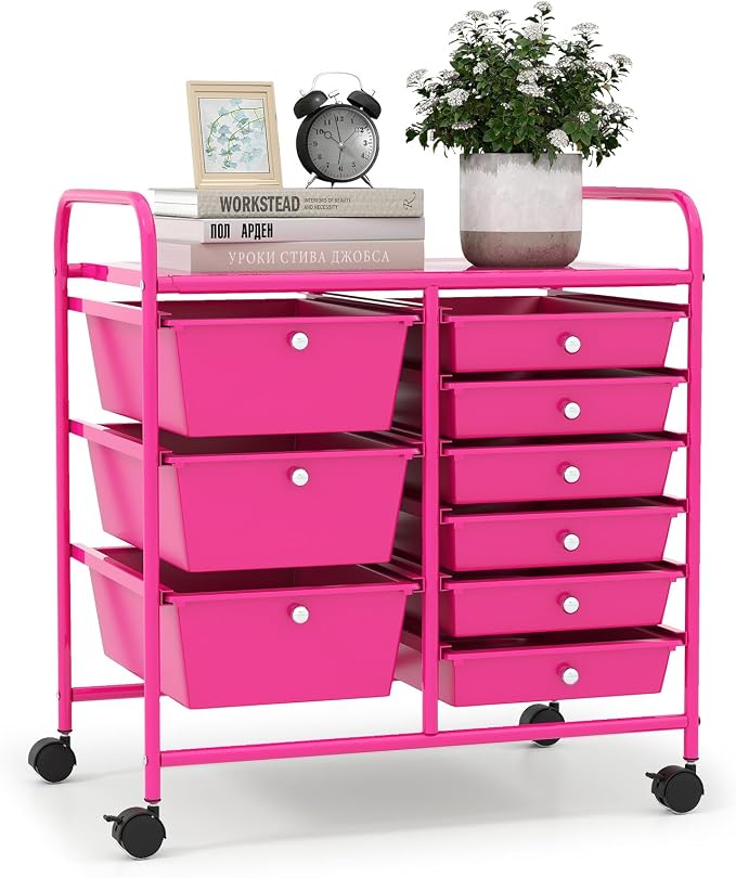 9 Drawer Rolling Storage Cart, Rolling Cart with Drawers for Classroom, Art Supply Craft Organizer on Wheel with Metal Frame & Handles for Home Office School