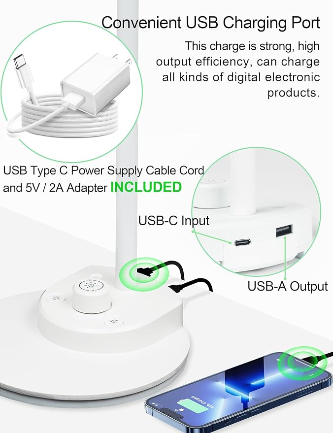 BOHON LED Desk Lamp with USB Charging Port, 3 Color Modes Dimmable, White | Reading Lamp, Auto Dimming Task Lamp, Flexible Neck Table Light for Dorm Bedside, Adapter Include