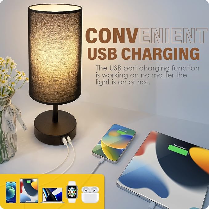 Yarra-Decor Bedside Lamp with USB Port - Touch Control Table Lamp for Bedroom 3 Way Dimmable Nightstand Lamp with Round Black Fabric Shade for Living Room, Dorm, Home Office (LED Bulb Included)