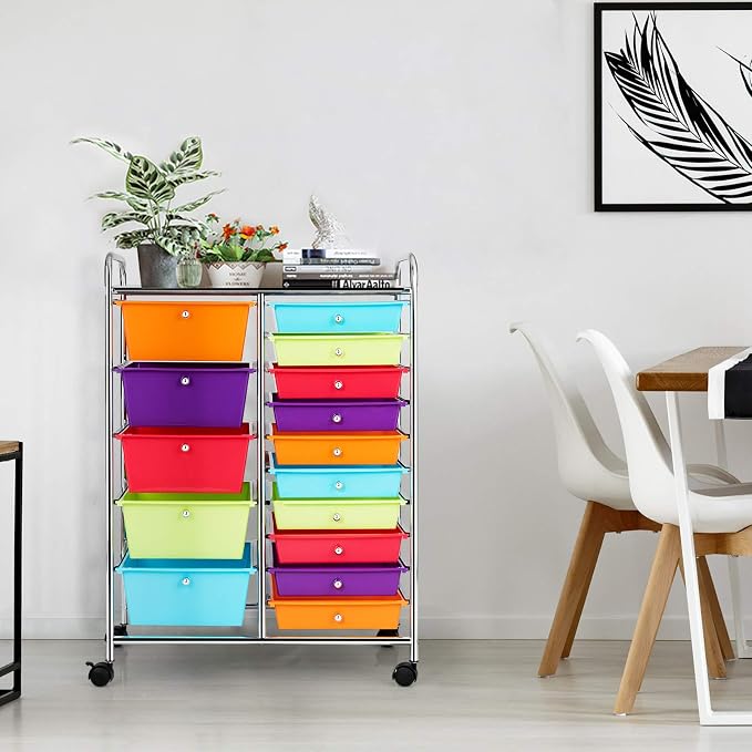 15 Drawer Rolling Storage Cart, Rolling Cart with Drawers for Classroom, Art Supply Craft Organizer on Wheel with Metal Frame & Handles for Home Office School