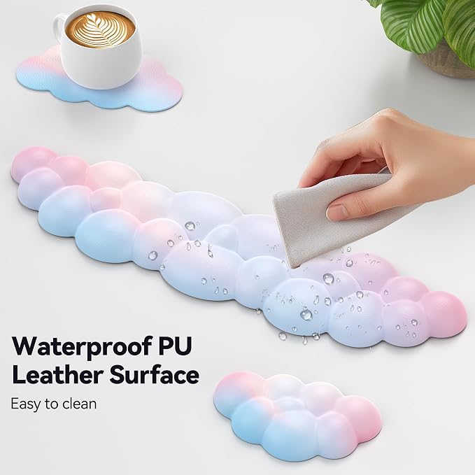 TECKNET Cloud Keyboard Wrist Rest Set, Cloud Wrist Rest with Non-Slip Base, PU Leather Wrist Pad for Keyboard with Ergonomic Memory Foam for Computer Laptop Office Gaming and Pain Relief, Rainbow