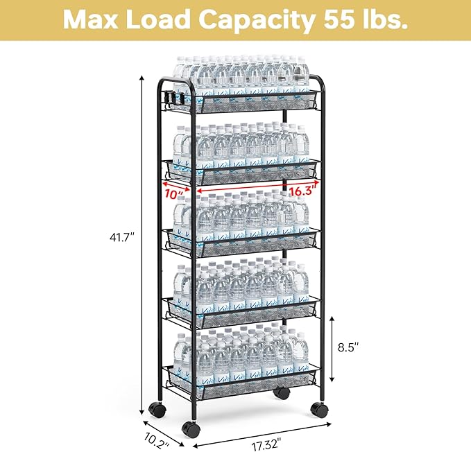 TOOLF 5 Tier Rolling Cart, Metal Utility Storage Cart with Wheels, Black | 3 Hooks, Screwless Assembly, Trolley Organizer for Bathroom, Kitchen, Office, Nursery, Dorm, Laundry Room