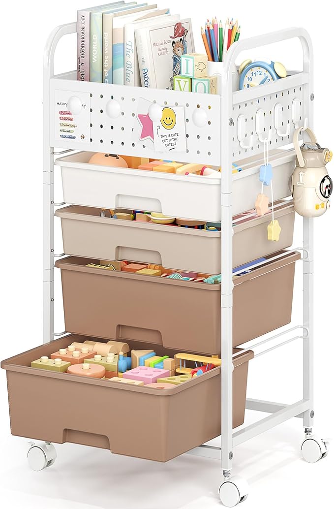 4 Drawer Rolling Storage Cart with Pegboard Top and Hooks, Brown | Mobile Organizer Cart with Wheels for Office Supplies, Craft Storage, Classroom Organization, Home Utility Cart