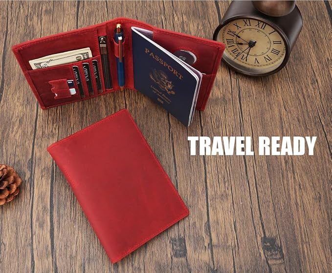STAR VISTA Phoenix Leather Passport Holder, Full Grain Leather Travel Wallet - Slim, Bifold, RFID Blocking, ID Window, Coin Pocket, Card Slots, SIM Slots, AirTag Holder, Red