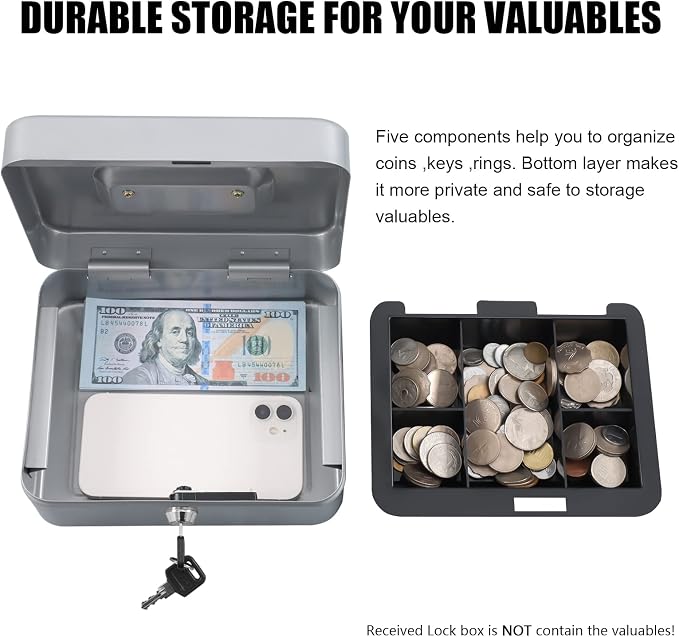 KYODOLED Medium Cash Box with Money Tray,Small Safe Lock Box with Key,Cash Drawer,7.87"x 6.30"x 3.54" Lightgrey Medium