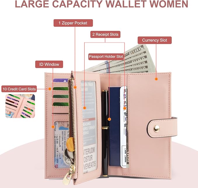 yiijay Womens Wallet RFID Blocking Leather Trifold Clutch Wallet Credit Card Holder Ladies Travel Wallet Purse with Passport/Pen Holder