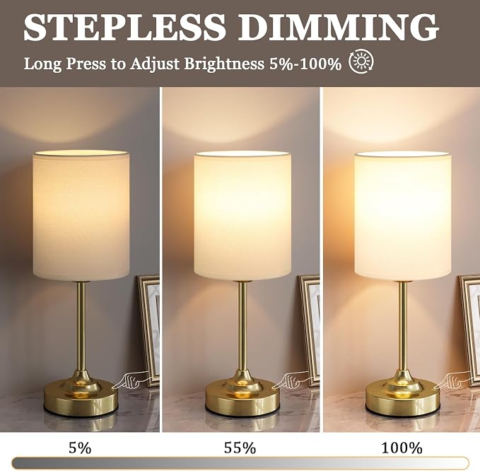 Touch Control Cordlss Table Lamp, USB-C Rechargeable Lamp with Stepless Dimming, 4000mAh Battery Operated Vintage Bedside Lamp for Bedroom, Living Room, Night Light & Emergency Lighting, Brass, 2 Pack