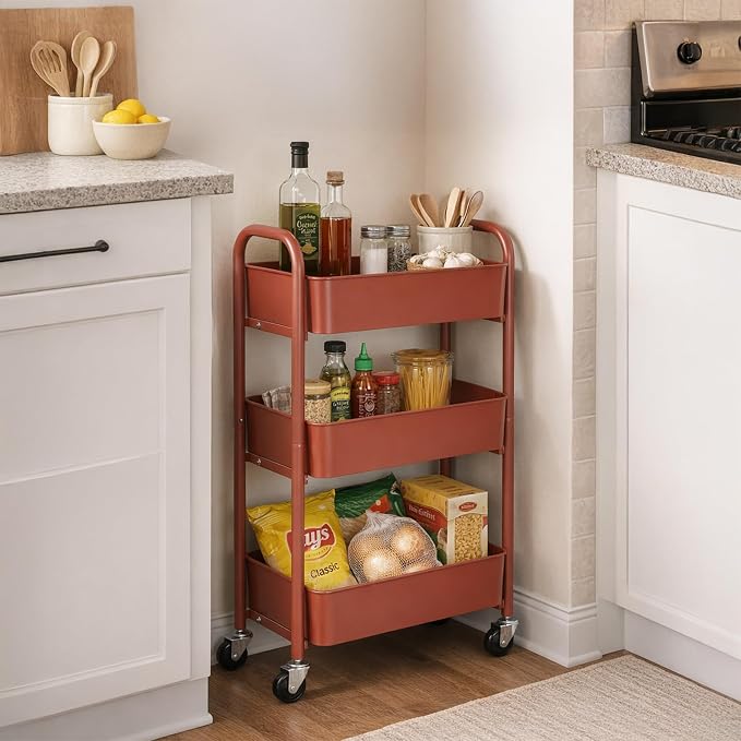 SunnyPoint 3-Tier Delicate Compact Rolling Metal Storage Organizer - Mobile Utility Cart Kitchen/Under Desk Cart with Caster Wheels (RED, 15.35" X 10.24" X 26.8"H)