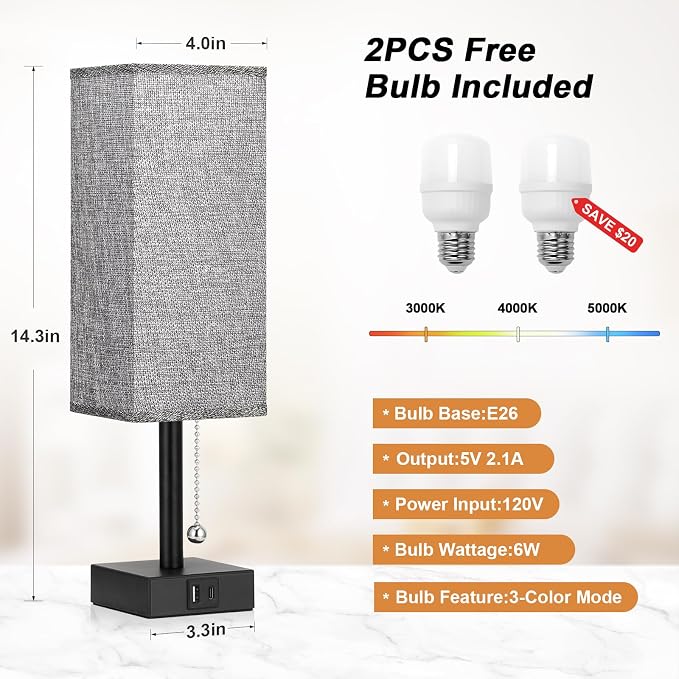 Set of 2 Grey Bedside Table Lamps for Bedroom - Nightstand Lamp, USB C+A | Pull Chain Lamp, 3 Color Modes(3000K/4000K/5000K), E26 LED Bulb Included, Square Grey Fabric Lampshade, for Read, Work, Dorm