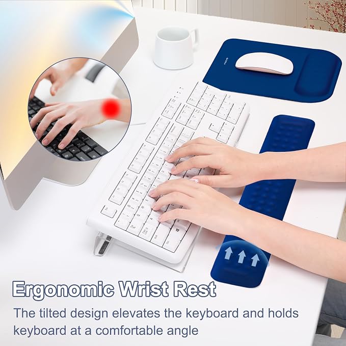 MOSISO Keyboard Stand&Wrist Rest Support for Keyboard &Mouse Pad Set | Ergonomic Massage Wrist Rest Set, Easy Typing Working Acrylic Clear Stand for Office Home, Navy Blue