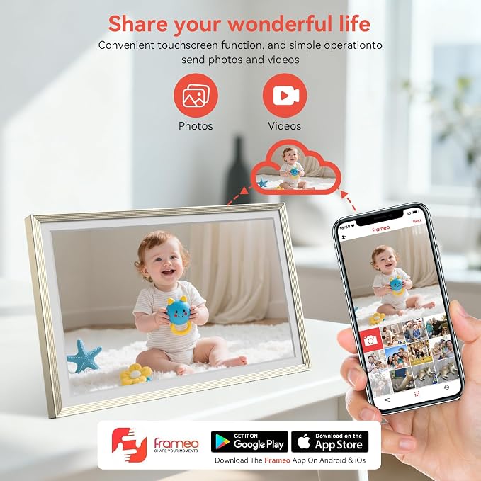 Frameo 10.1 inch Digital Picture Frame, Smart WiFi Digital Photo Frame with 32G Memory, HD Touch Screen, Auto-Rotate(ChampagneGold)